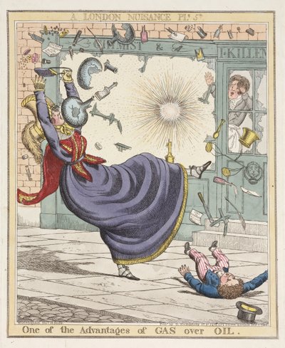 Uma das vantagens do gás sobre o óleo, placa 5 de A London Nuisance, 1822 (gravura colorida à mão) de Richard Dighton